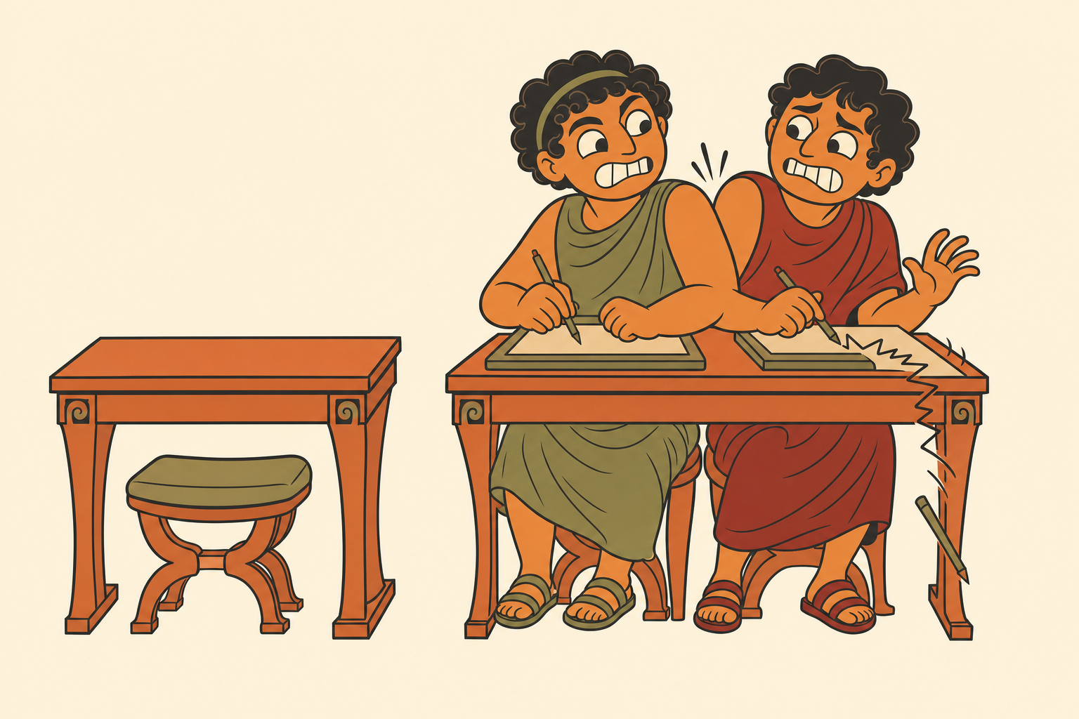 Illustration: two figures crammed at one small desk, elbows colliding, the scribe's stylus skidding off his tablet, while an identical empty desk sits beside them.