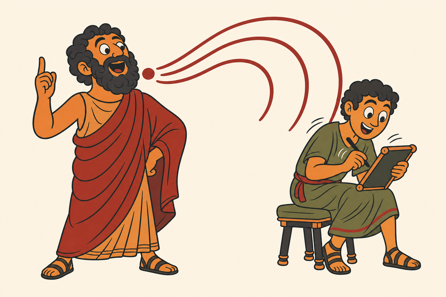 Illustration: a cheerful bearded philosopher speaking, sound arcs sweeping from his mouth to a delighted scribe who is keeping up easily.