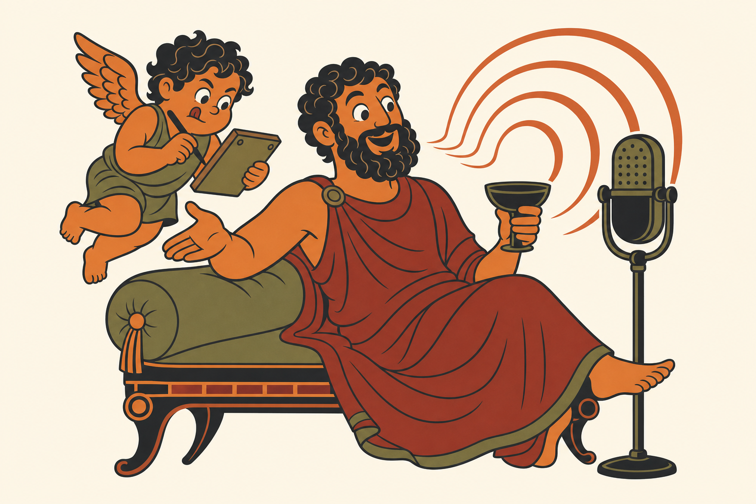 Illustration: a relaxed bearded figure reclining with a wine cup, talking into a retro broadcast microphone, while a small winged figure behind him takes notes with intense concentration.