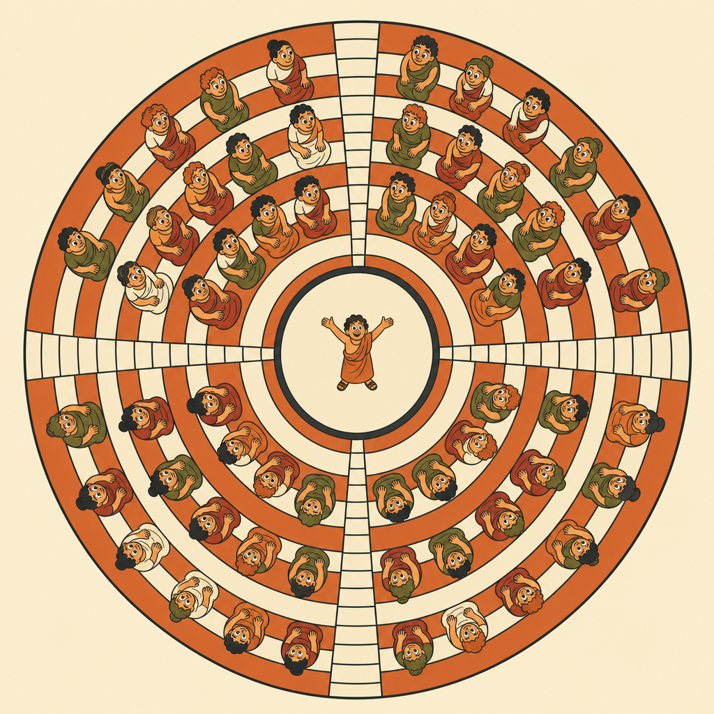 Illustration: a Greek amphitheatre seen from above as concentric rings radiating from one tiny figure on the central stage, reading equally as a sound wave.